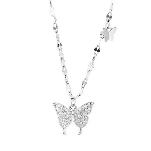 Butterfly Necklace Silver with CZ Stones - S999 Silver Pendant Necklace 9 butterfly necklace silver