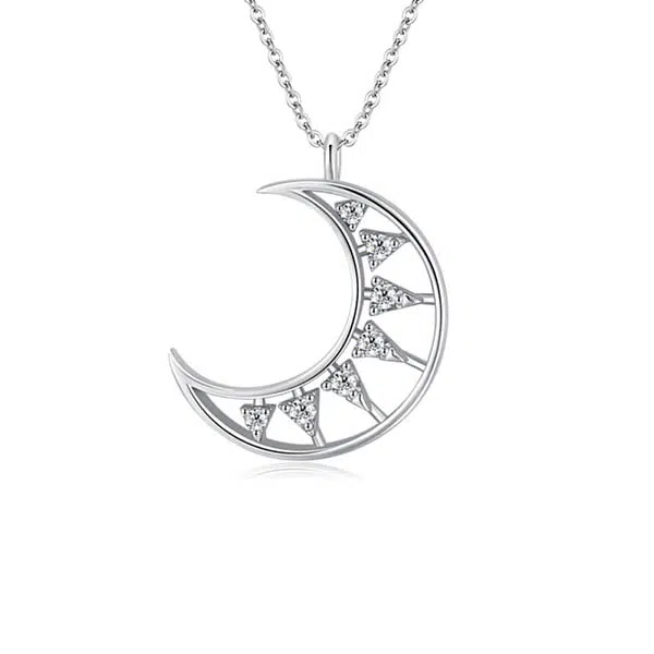 Factory Price Hollow 925 Silver Crescent Moon Necklace with CZ Stones 4 silver crescent moon necklace