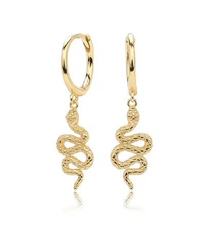 Серьги длинные серебряные змейки золотистого цвета