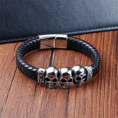 Leather Skull Bracelet for Men from China Supplier 4 Skull Bracelet