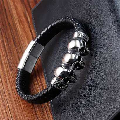 Leather Skull Bracelet for Men from China Supplier 3 Stainless Steel Skull Leather Bracelet