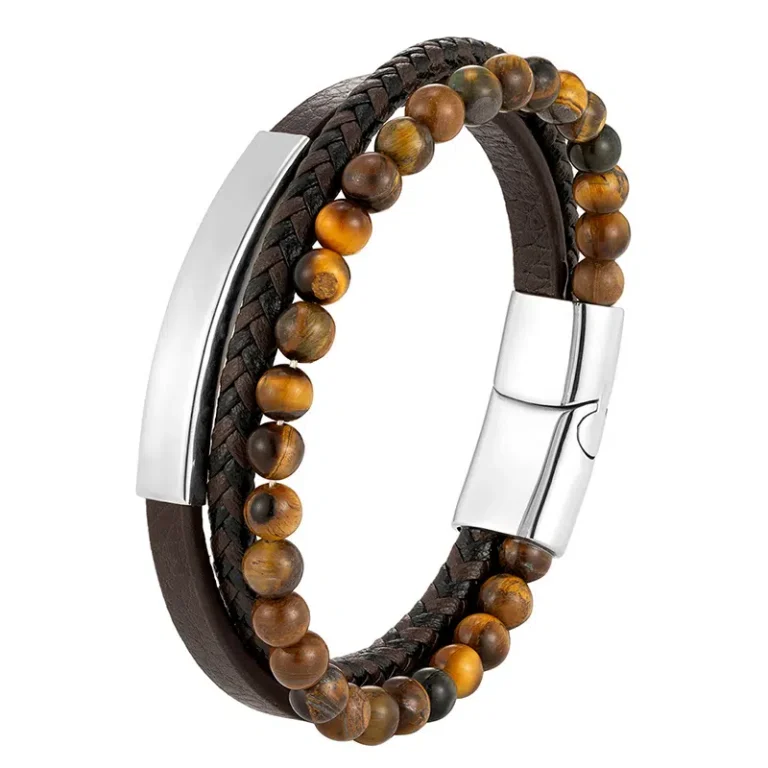 Tiger Eye Leather Bracelet for Men – Genuine Leather with Stainless Steel from China Manufacturer 7 Tiger Eye Leather Bracelet