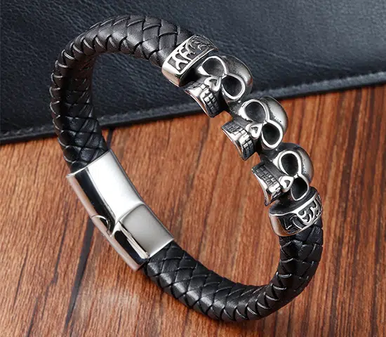 Leather Skull Bracelet for Men from China Supplier 1 Triple Skull Charm Braided Leather Bracelet