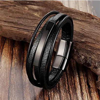 Leather Bracelet with Metal Plate - Custom Wholesale from China Factory 3 black Leather Bracelet with Metal Plate
