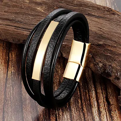 Leather Bracelet with Metal Plate - Custom Wholesale from China Factory 2 gold Leather Bracelet with Metal Plate