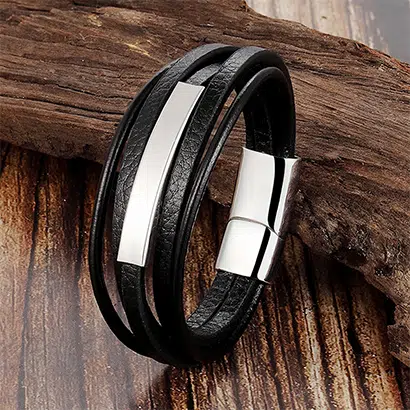 Leather Bracelet with Metal Plate - Custom Wholesale from China Factory 4 silver color Leather Bracelet with Metal Plate